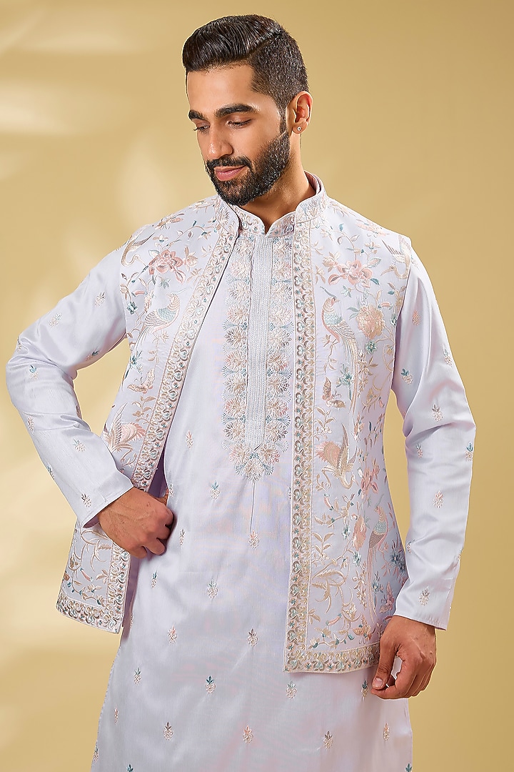 Lilac Raw Silk Resham Embroidered Wedding Indowestern Set by RNG Safawala Men at Pernia's Pop Up Shop