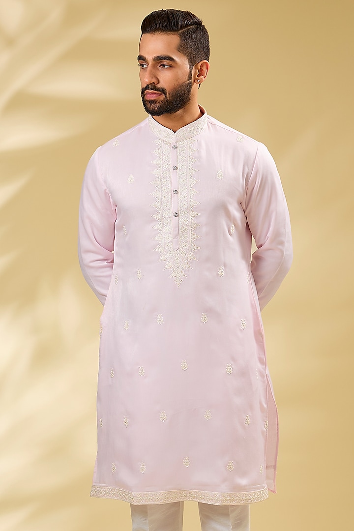 Baby Pink Silk Sequins Embroidered Kurta Set by RNG Safawala Men at Pernia's Pop Up Shop