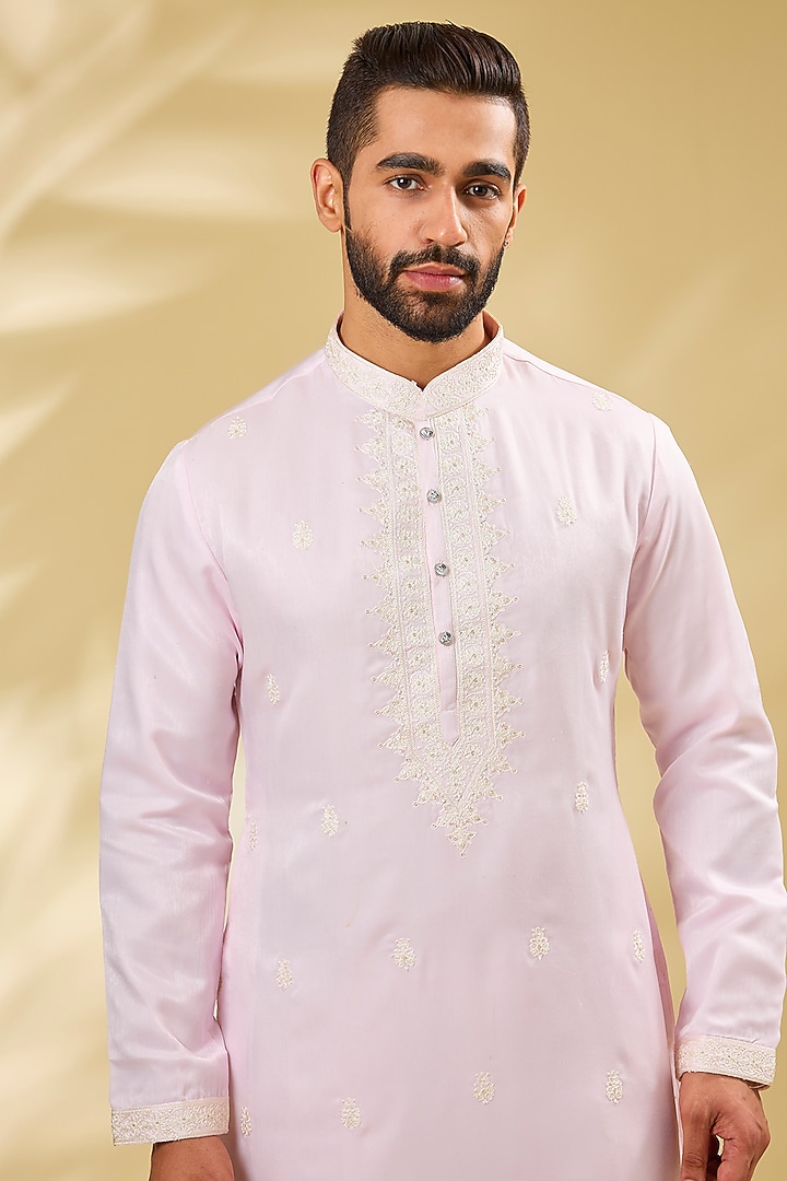 Baby Pink Silk Sequins Embroidered Kurta Set by RNG Safawala Men at Pernia's Pop Up Shop