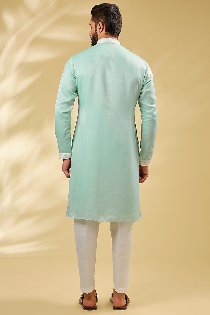 Mint Silk Sequins Embroidered Kurta Set by RNG Safawala Men at Pernia's Pop Up Shop