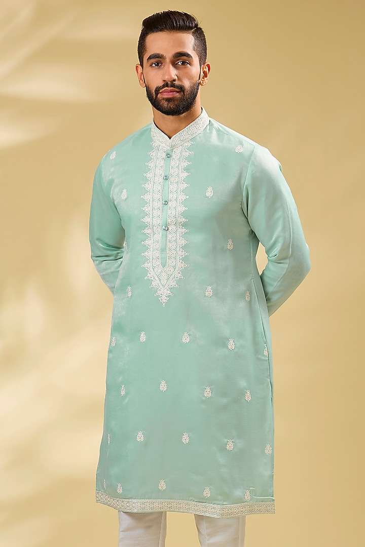 Mint Silk Sequins Embroidered Kurta Set by RNG Safawala Men at Pernia's Pop Up Shop