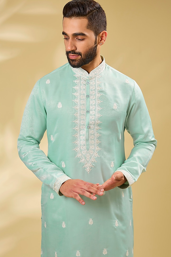 Mint Silk Sequins Embroidered Kurta Set by RNG Safawala Men at Pernia's Pop Up Shop