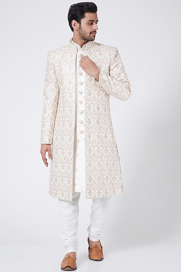 White Embroidered Sherwani Set by RNG Safawala Men