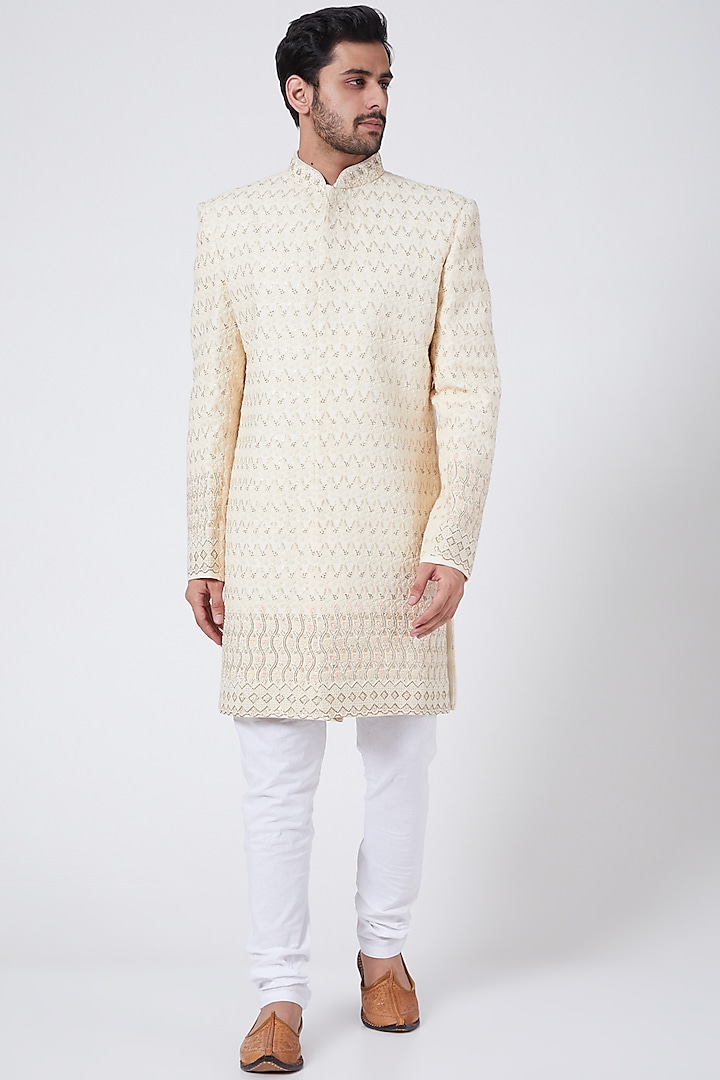 Ivory Chikankari Embroidered Sherwani Set by RNG Safawala Men