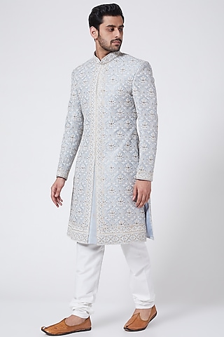 Pigeon Blue Embroidered Sherwani Set by RNG Safawala Men