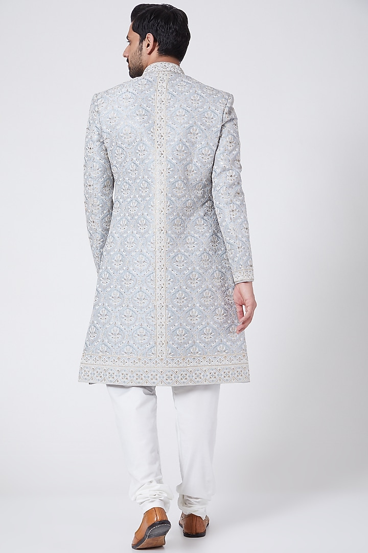 Pigeon Blue Embroidered Wedding Sherwani Set by RNG Safawala Men at Pernia's Pop Up Shop