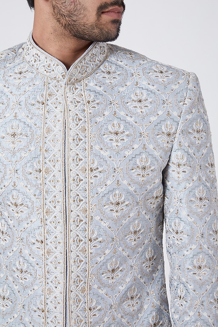 Pigeon Blue Embroidered Wedding Sherwani Set by RNG Safawala Men at Pernia's Pop Up Shop