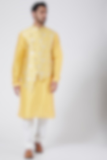 Sunshine Yellow Printed Kurta Set With Jacket by RNG Safawala Men