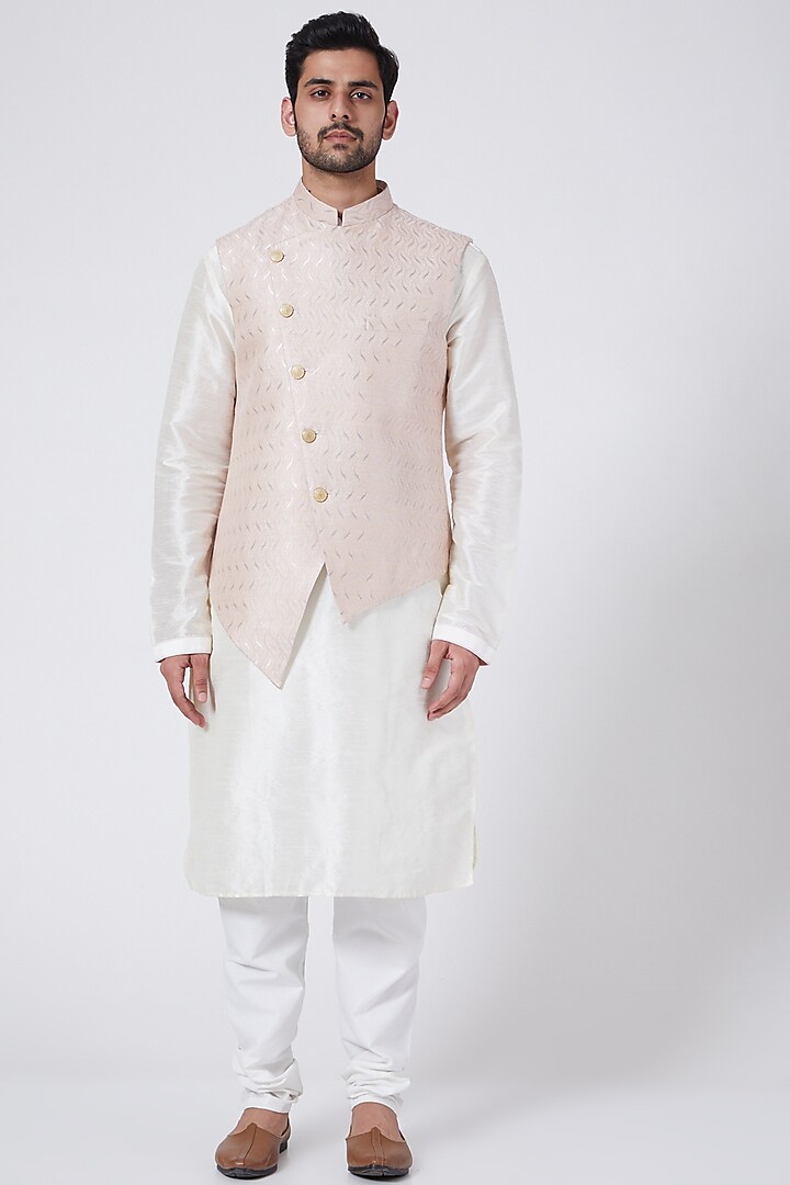 Powder Pink Printed Kurta Set With Jacket by RNG Safawala Men