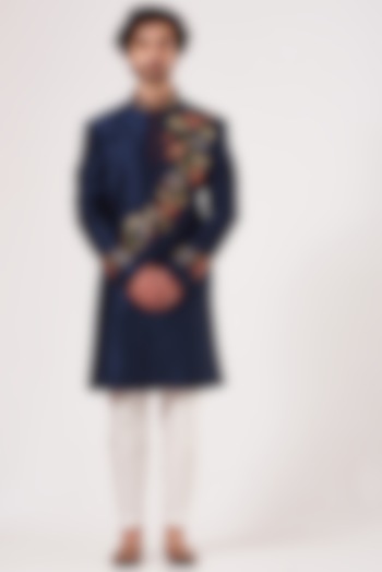 Royal Blue Embroidered Bandhgala Set by RNG Safawala Men