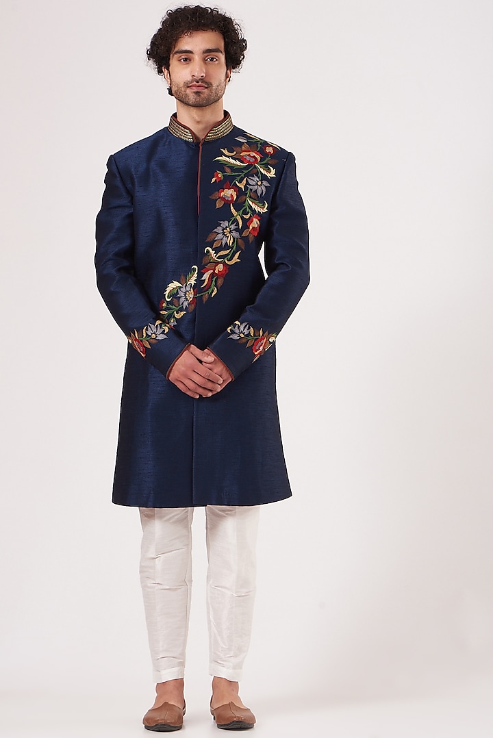 Royal Blue Embroidered Bandhgala Set by RNG Safawala Men