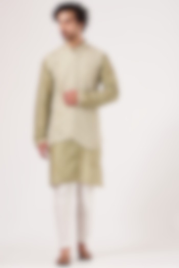 Sage Green Embroidered Nehru Jacket With Kurta Set by RNG Safawala Men