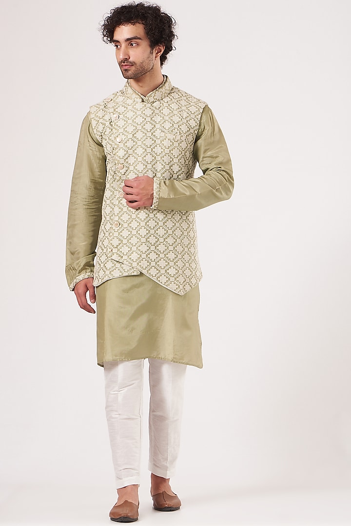 Sage Green Embroidered Nehru Jacket With Kurta Set by RNG Safawala Men