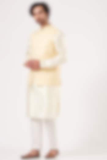 Mellow Yellow Linen Silk Nehru Jacket With Kurta Set by RNG Safawala Men