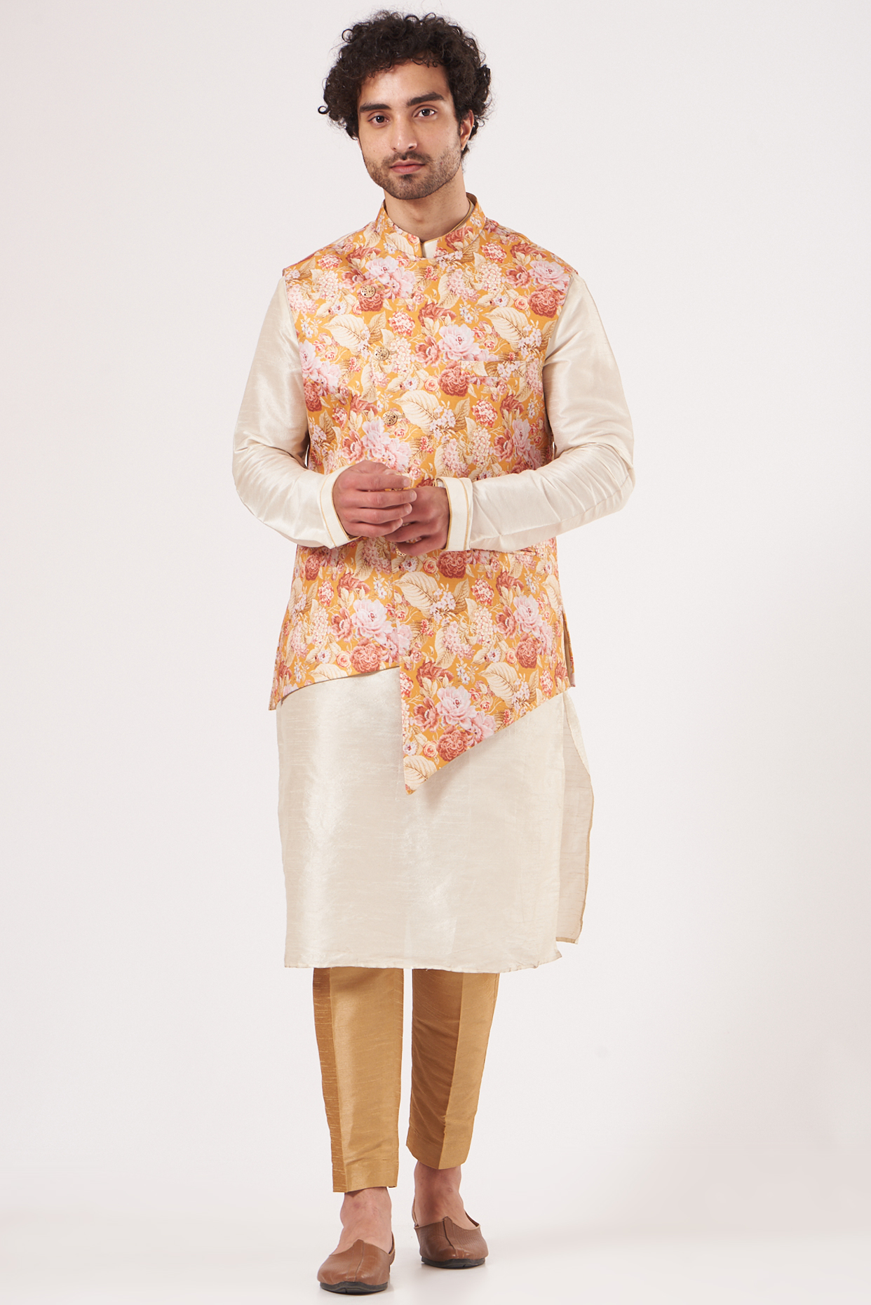 Tangerine Printed Nehru Jacket With Kurta Set by RNG Safawala Men
