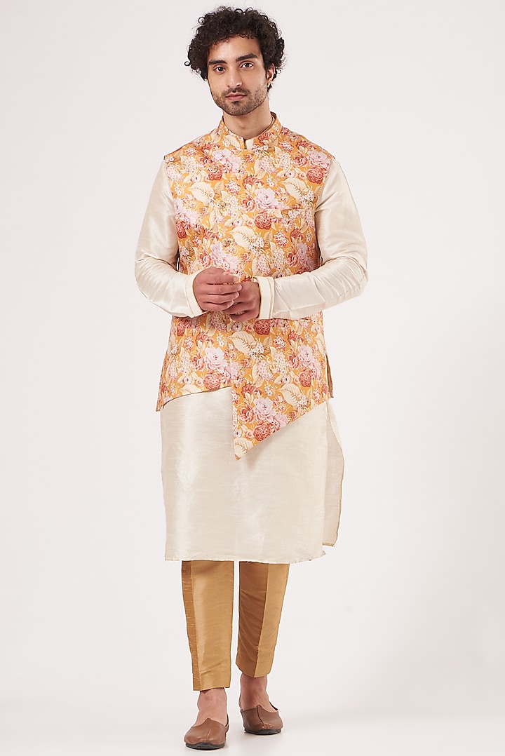 Tangerine Printed Nehru Jacket With Kurta Set by RNG Safawala Men