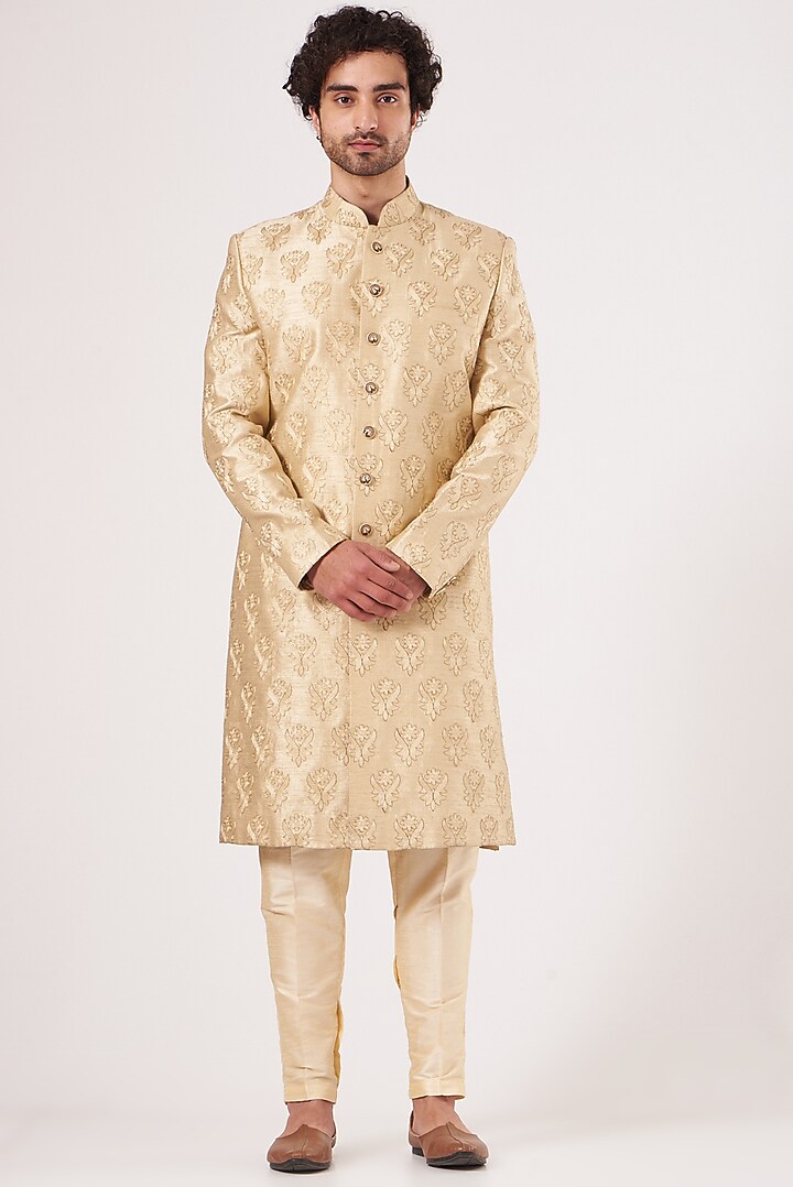 Beige Embroidered Ajkan Jacket Set by RNG Safawala Men at Pernia's Pop Up Shop