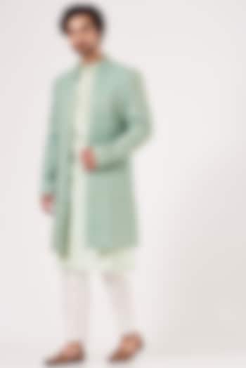 Turquoise Embroidered Long Open Jacket With Kurta Set by RNG Safawala Men