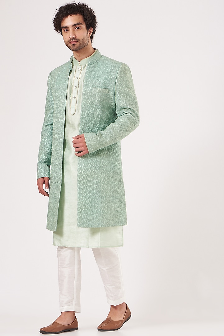 Turquoise Embroidered Long Open Jacket With Kurta Set by RNG Safawala Men