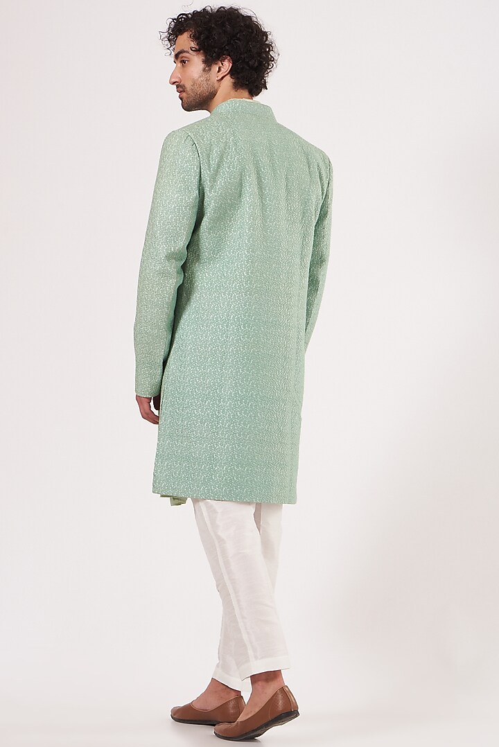Turquoise Embroidered Long Open Jacket With Kurta Set by RNG Safawala Men at Pernia's Pop Up Shop