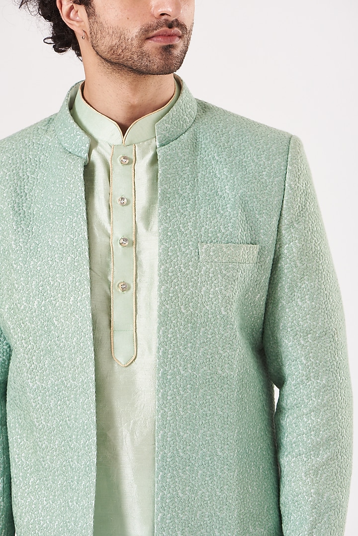 Turquoise Embroidered Long Open Jacket With Kurta Set by RNG Safawala Men at Pernia's Pop Up Shop