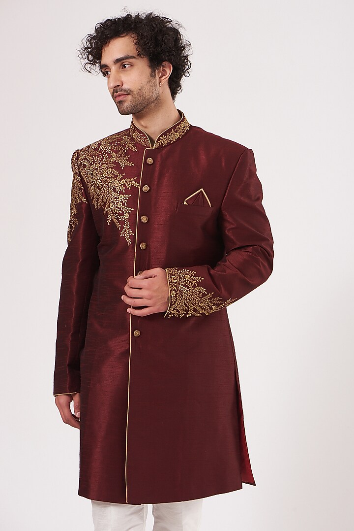 Maroon Embroidered Ajkan Jacket Set by RNG Safawala Men at Pernia's Pop Up Shop