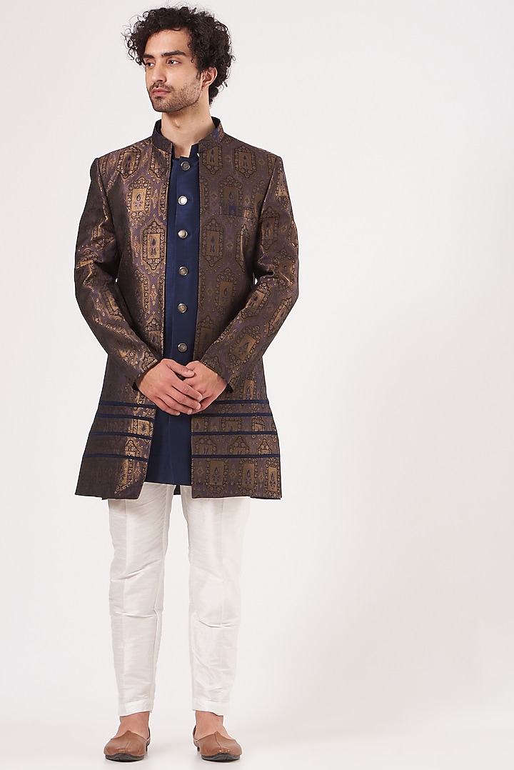 Bronze Brocade Silk Ajkan Jacket Set by RNG Safawala Men