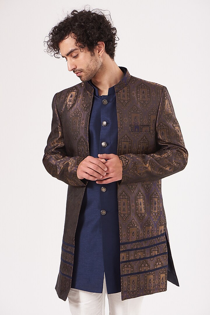 Bronze Brocade Silk Ajkan Jacket Set by RNG Safawala Men at Pernia's Pop Up Shop