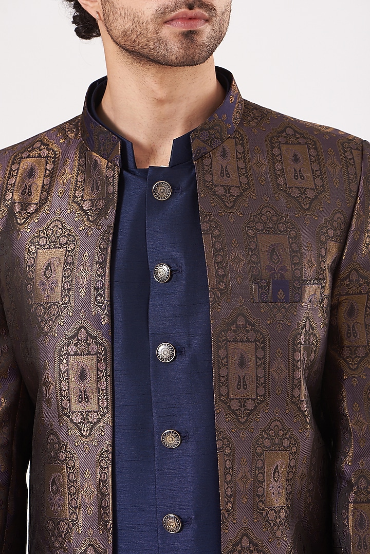 Bronze Brocade Silk Ajkan Jacket Set by RNG Safawala Men at Pernia's Pop Up Shop