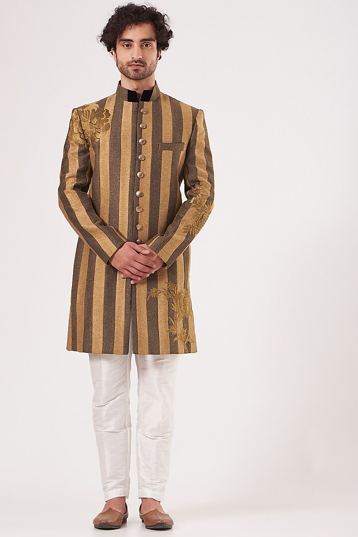 Brown & Gold Blended Silk Achkan Set by RNG Safawala Men at Pernia's Pop Up Shop