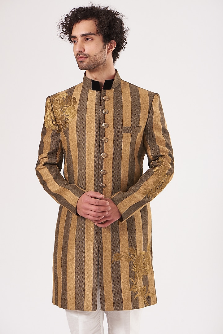 Brown & Gold Blended Silk Achkan Set by RNG Safawala Men at Pernia's Pop Up Shop