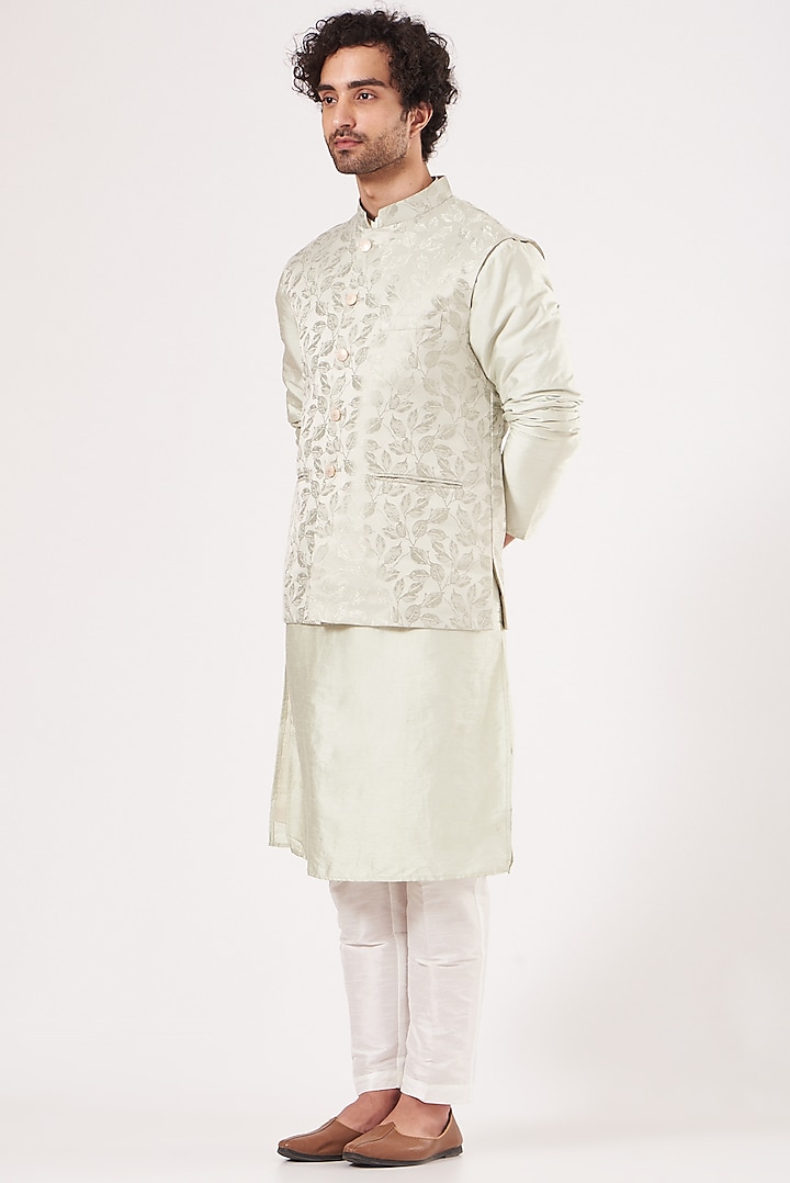 Sea Green Dupion Silk Kurta Set With Bundi Jacket by RNG Safawala Men