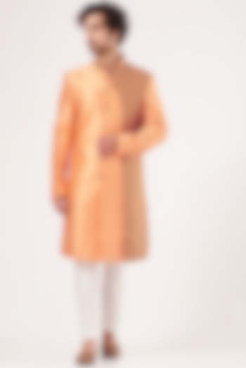 Orange Raw Silk Achkan Set by RNG Safawala Men at Pernia's Pop Up Shop
