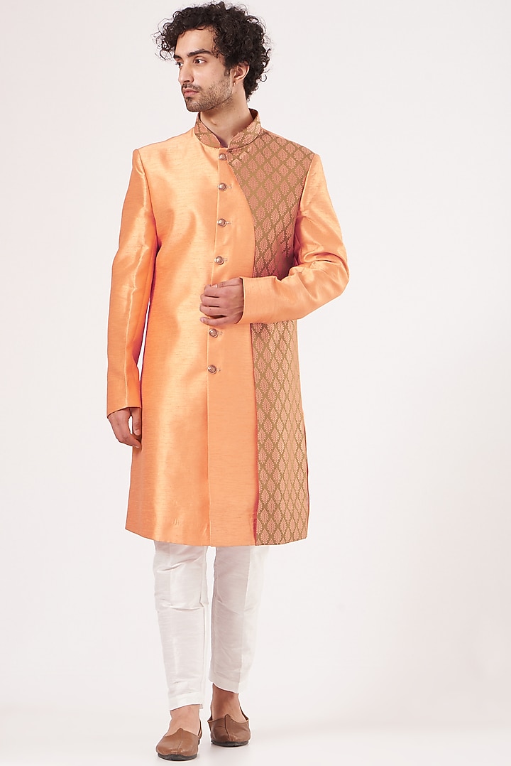 Orange Raw Silk Achkan Set by RNG Safawala Men at Pernia's Pop Up Shop