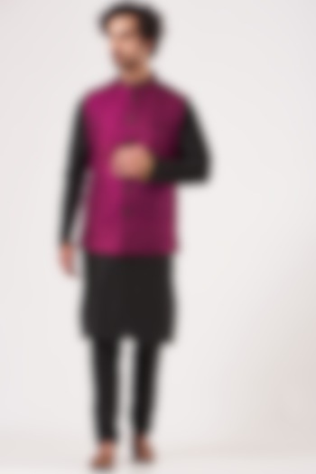 Black Dupion Silk Kurta Set With Bundi Jacket by RNG Safawala Men at Pernia's Pop Up Shop