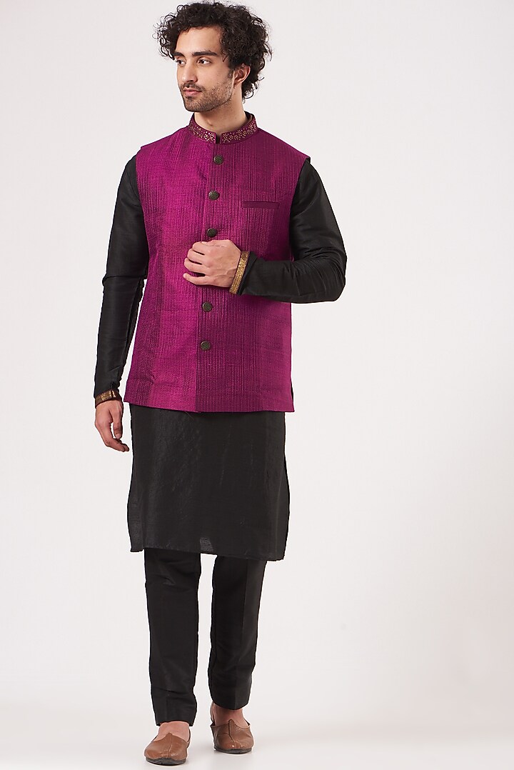 Black Dupion Silk Kurta Set With Bundi Jacket by RNG Safawala Men at Pernia's Pop Up Shop