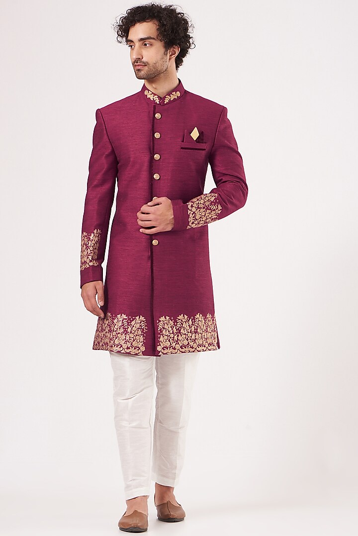 Maroon Embroidered Achkan Set by RNG Safawala Men