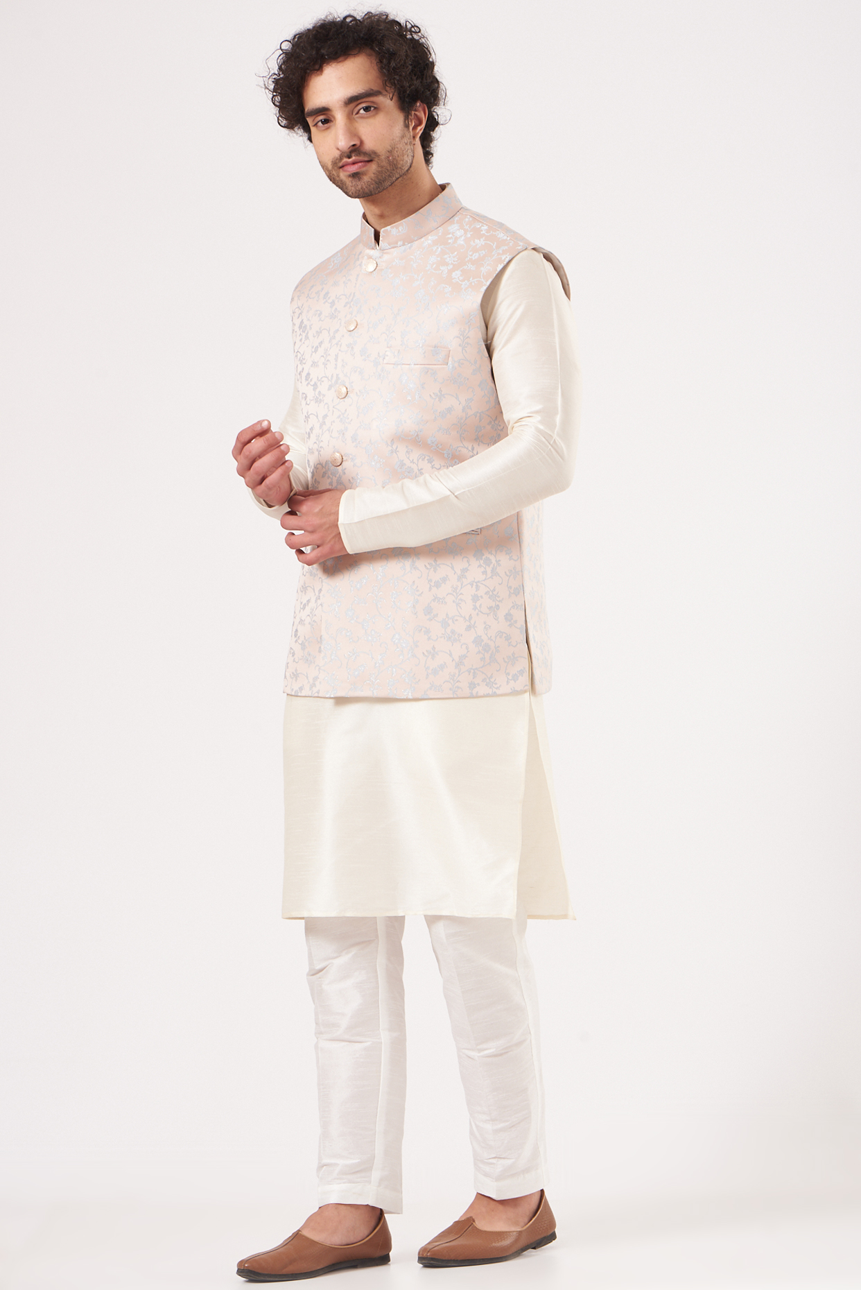 Light Pink Brocade Silk Nehru Jacket Set by RNG Safawala Men