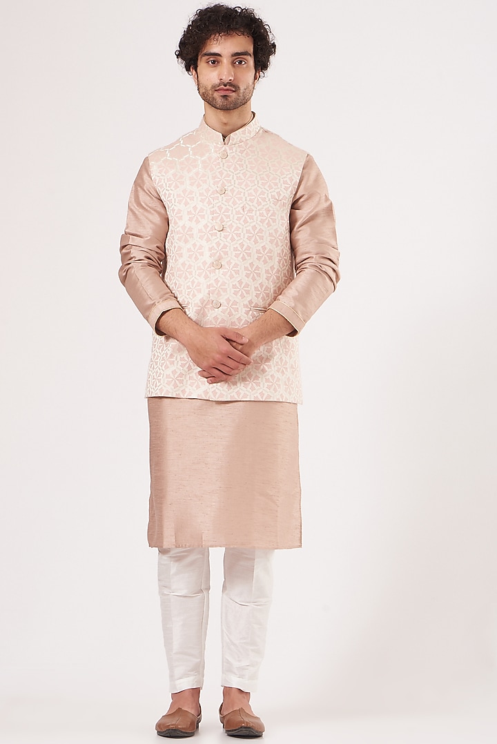 Dusty Pink Dupion Silk Kurta Set With Jacket by RNG Safawala Men at Pernia's Pop Up Shop