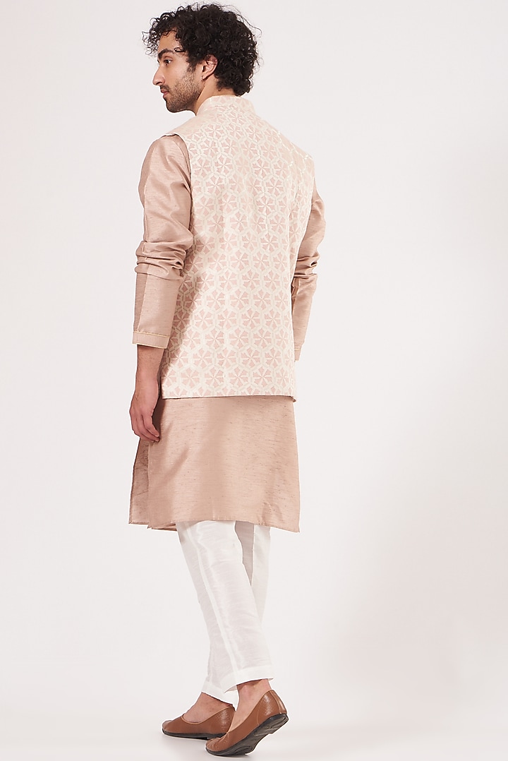 Dusty Pink Dupion Silk Kurta Set With Jacket by RNG Safawala Men at Pernia's Pop Up Shop