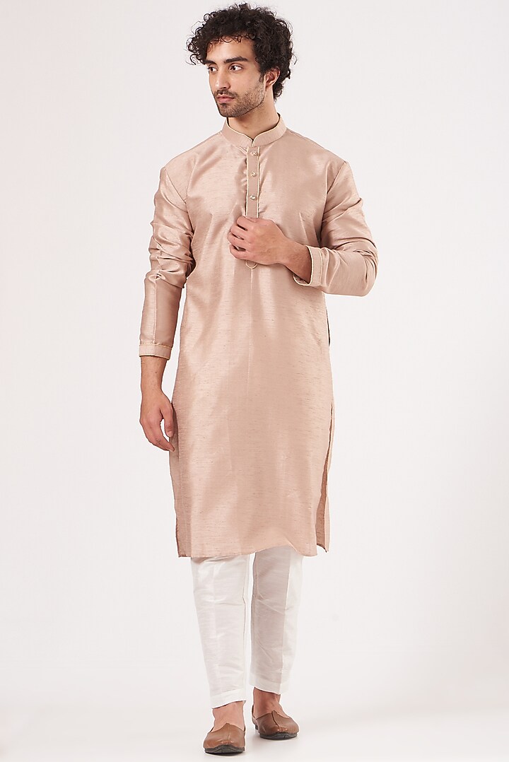 Dusty Pink Dupion Silk Kurta Set With Jacket by RNG Safawala Men at Pernia's Pop Up Shop