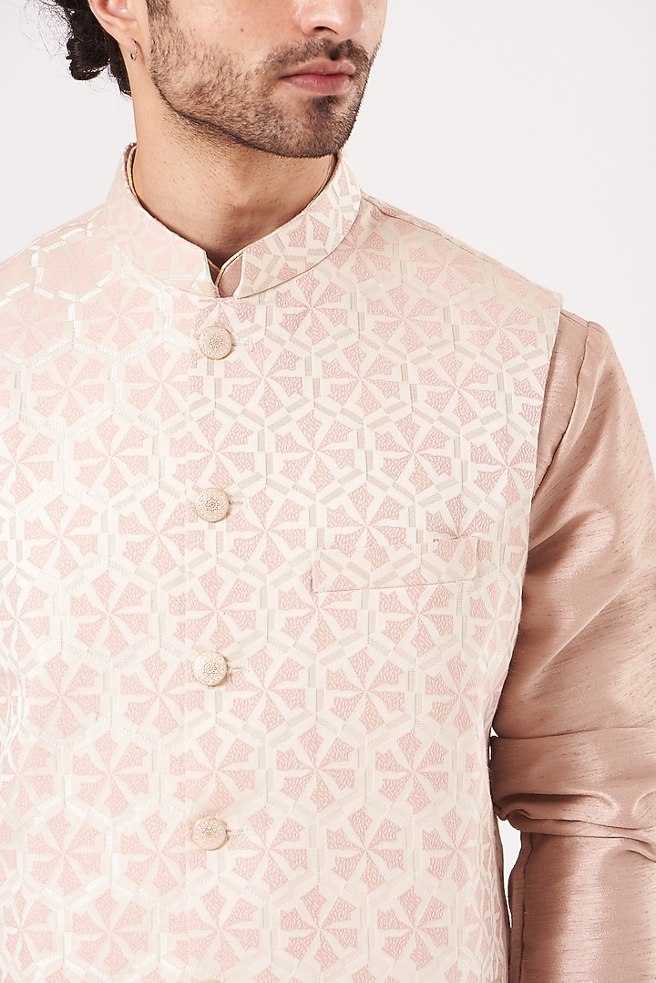 Dusty Pink Dupion Silk Kurta Set With Jacket by RNG Safawala Men at Pernia's Pop Up Shop