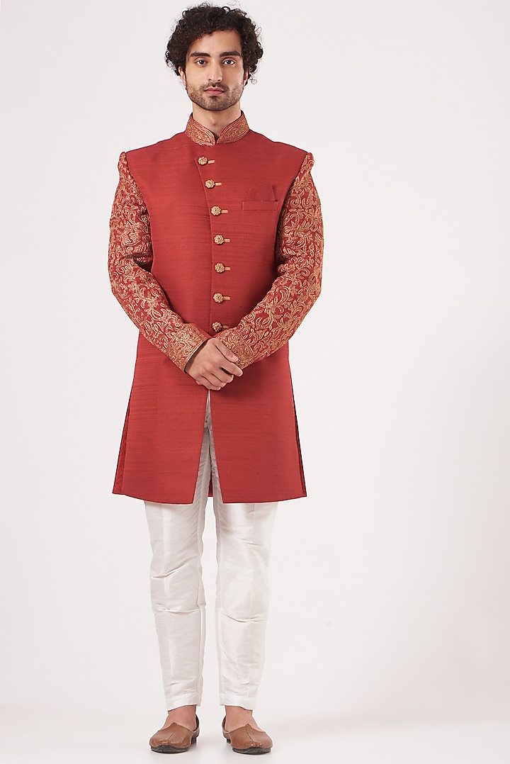 Red Zari Embroidered Achkan Set by RNG Safawala Men