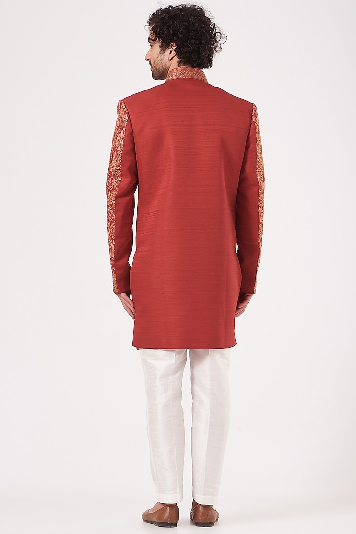 Red Zari Embroidered Achkan Set by RNG Safawala Men at Pernia's Pop Up Shop