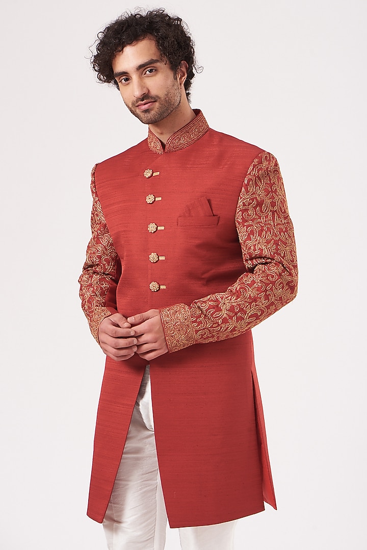 Red Zari Embroidered Achkan Set by RNG Safawala Men at Pernia's Pop Up Shop