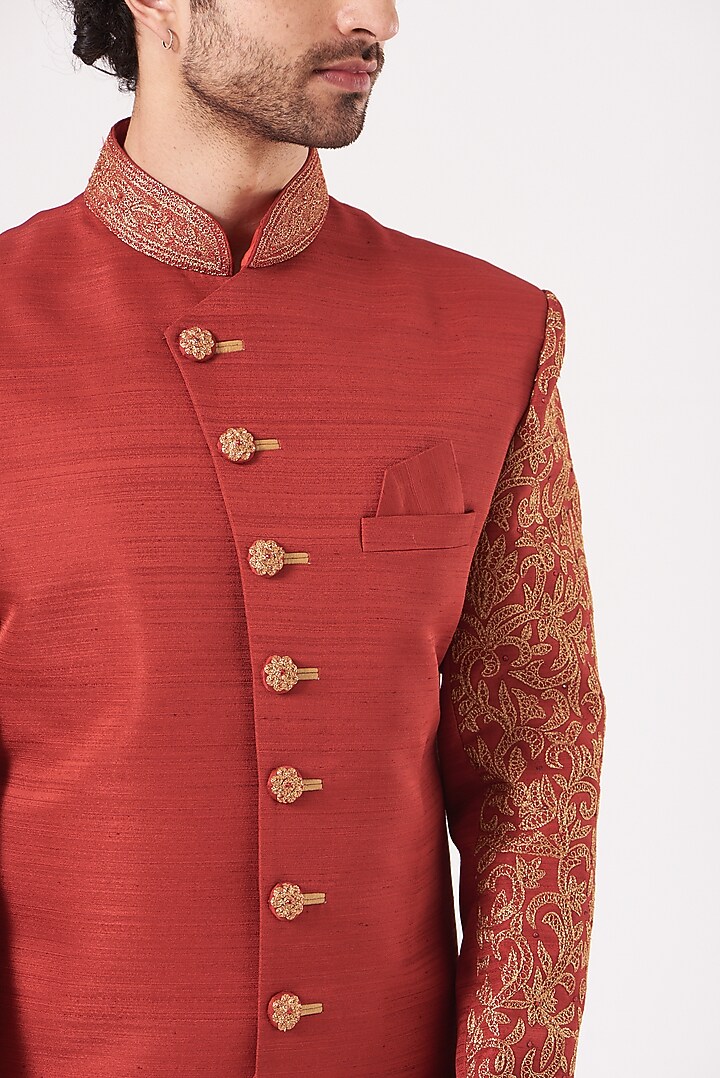 Red Zari Embroidered Achkan Set by RNG Safawala Men at Pernia's Pop Up Shop