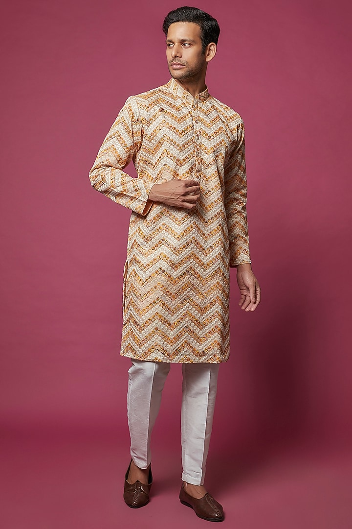 Beige & Tangerine Georgette Printed Kurta Set by RNG Safawala Men at Pernia's Pop Up Shop