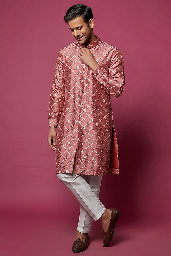 Onion Pink Cotton Silk Embroidered Kurta Set by RNG Safawala Men