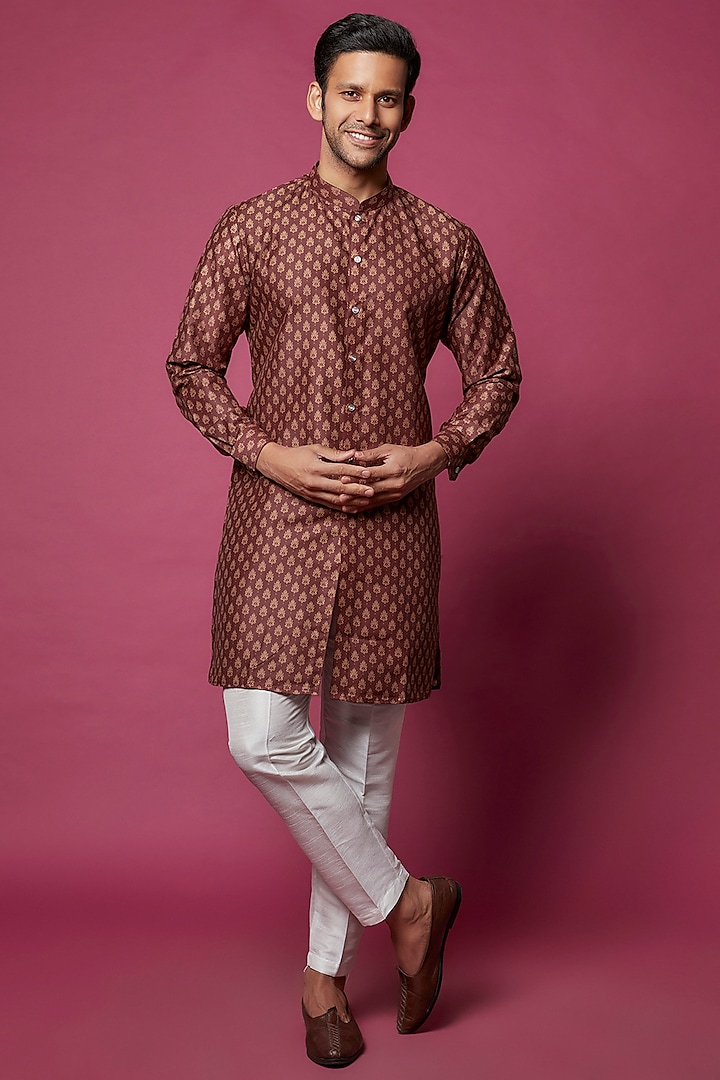 Burgundy Cotton Silk Printed Kurta Set by RNG Safawala Men