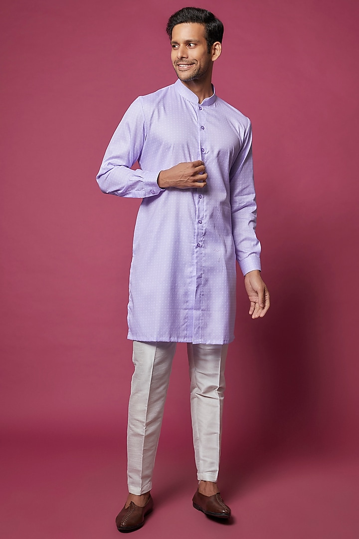 Lilac Cotton Silk Printed Kurta Set by RNG Safawala Men